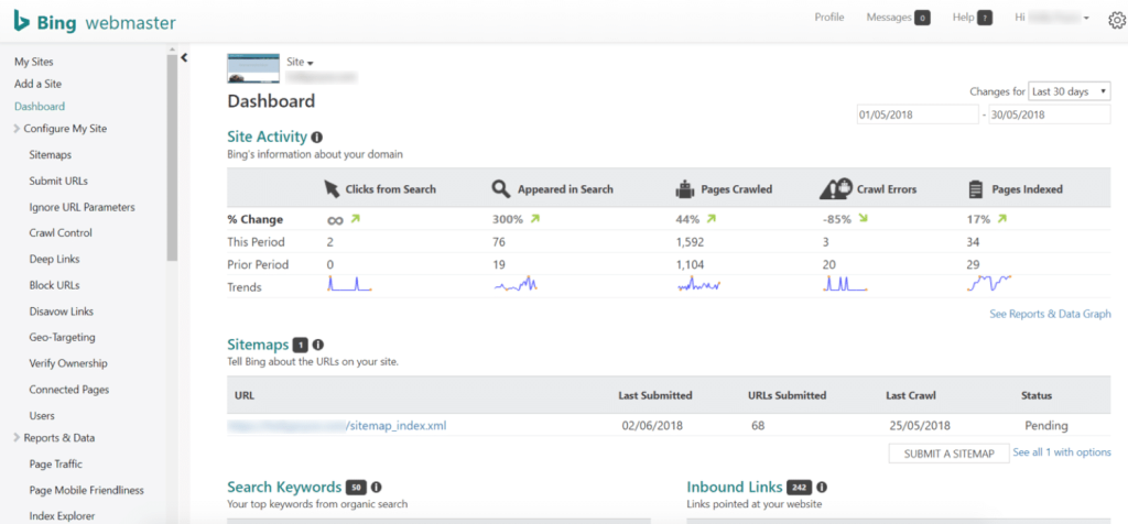 Bing Webmaster Dashboard SEO Tool