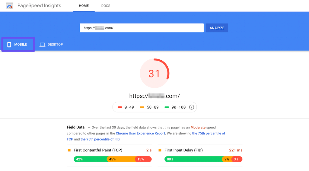 page speed inside dashboard SEO tool